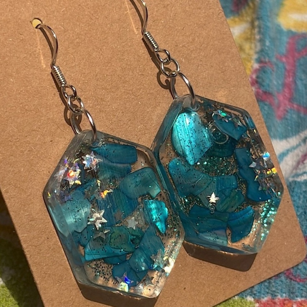 Glittery Blue Stones and Silver Stars Dangle Earrings